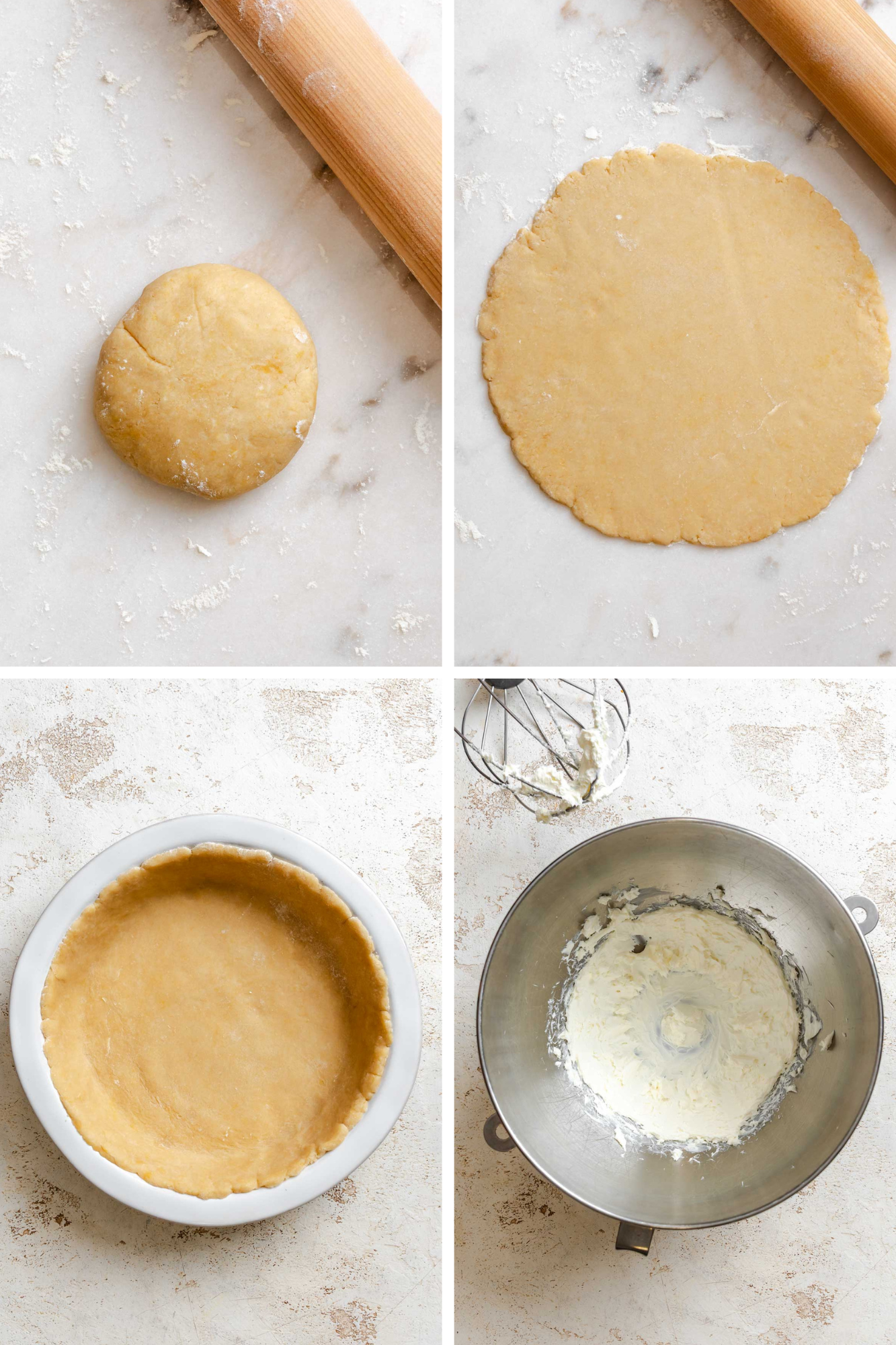 Step-by-step collage showing dough preparation: shaping, rolling out, fitting into a pie dish, and creaming cream cheese in a mixing bowl.