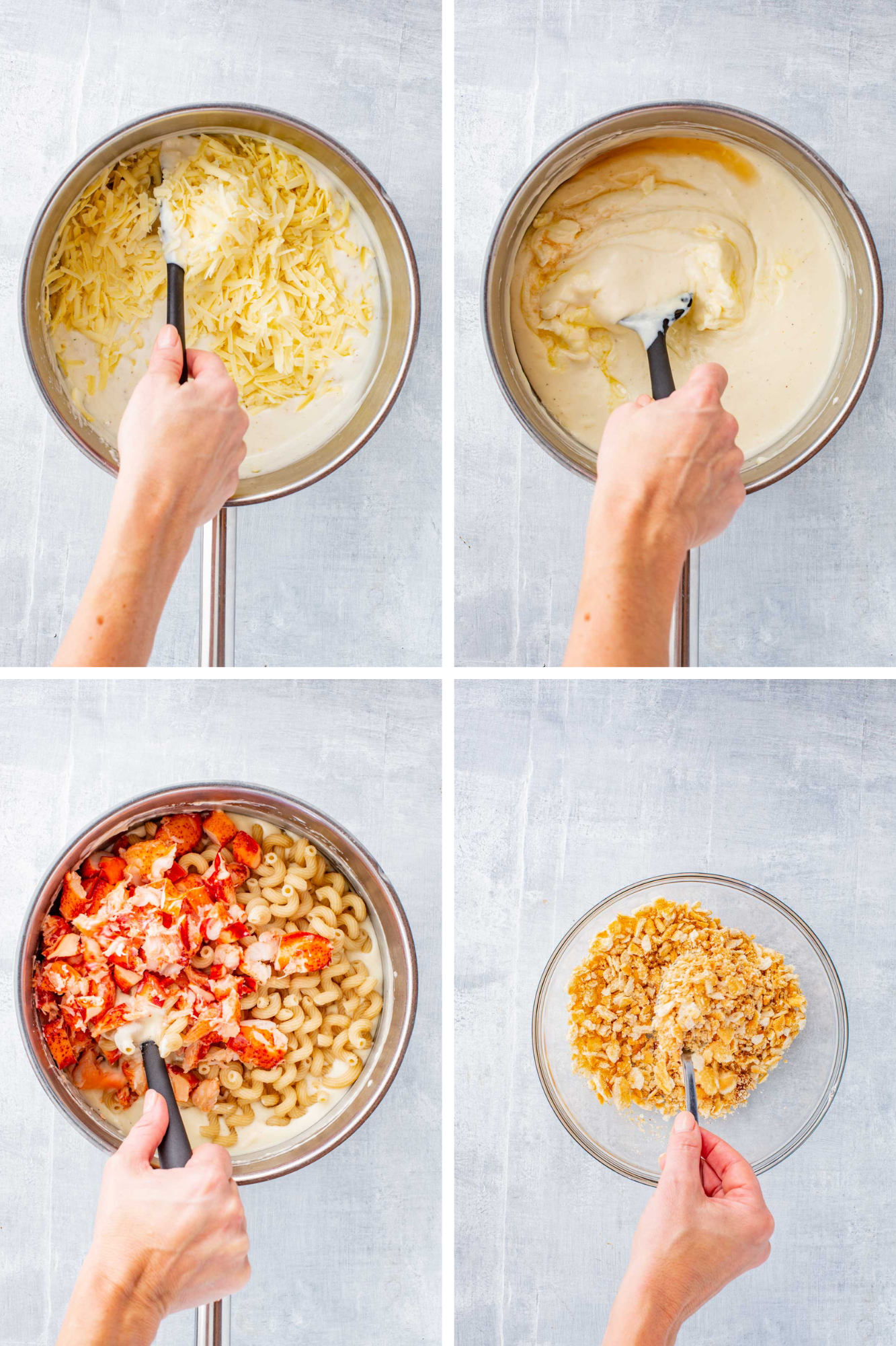 Four step-by-step images showing shredded cheese melting into the sauce, mascarpone being folded in, lobster being added to the cooked pasta, and Ritz crackers being mixed for the topping.