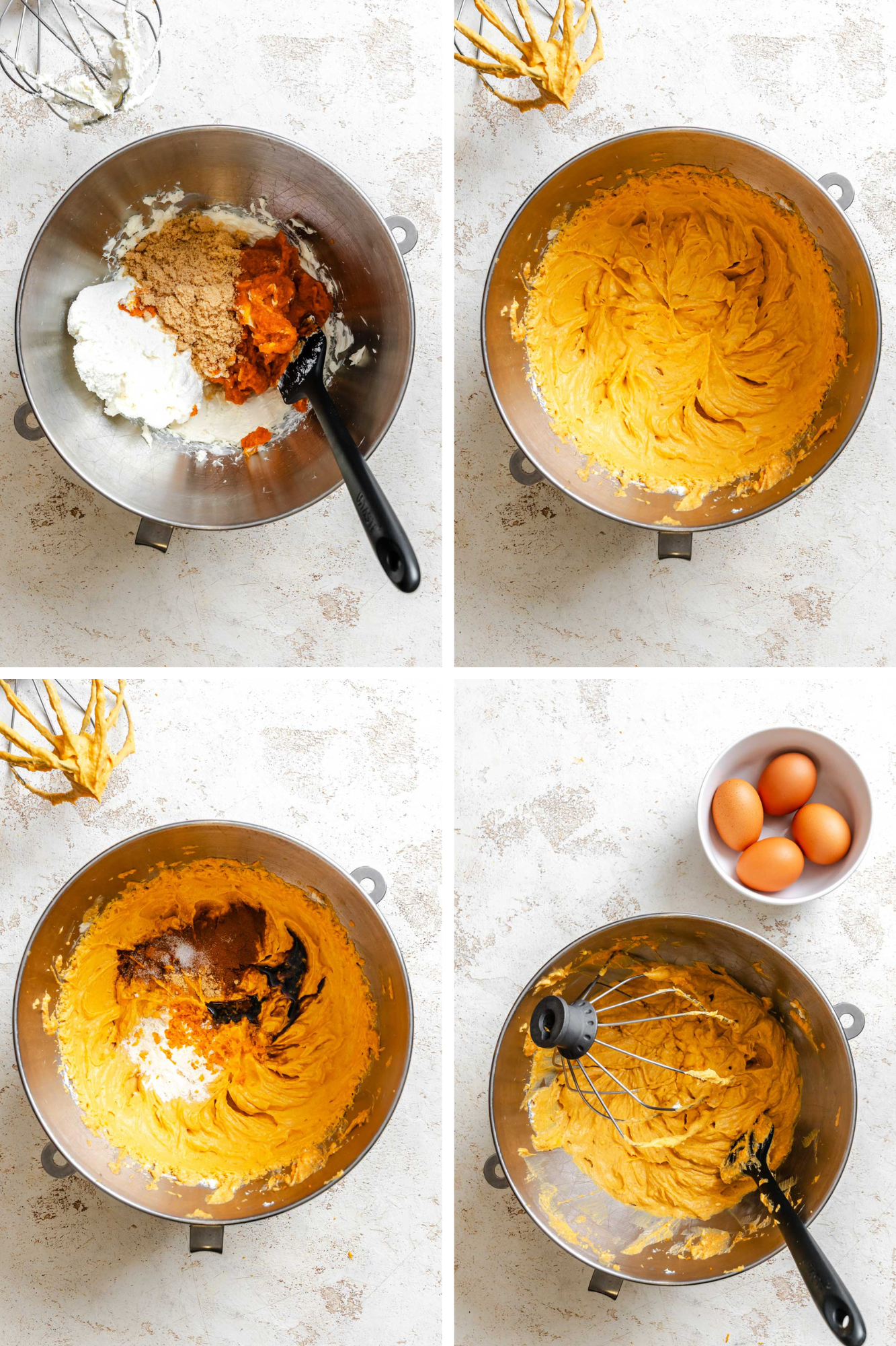 Four-panel image showing mixing of pumpkin, ricotta, brown sugar, and spices in a metal bowl with a hand mixer, gradually forming a smooth filling.