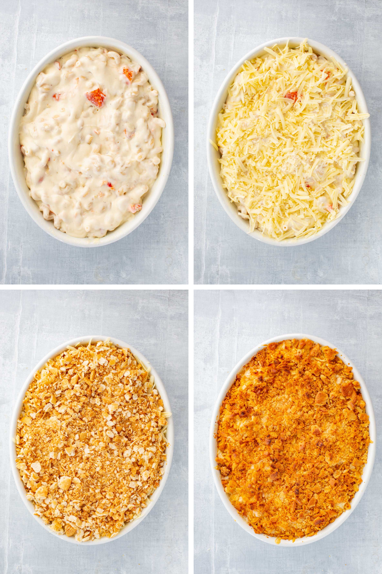 Four step-by-step images showing the mac and cheese mixture in the baking dish, topped with cheese, then Ritz cracker crumbs, and finally baked to a golden crust.