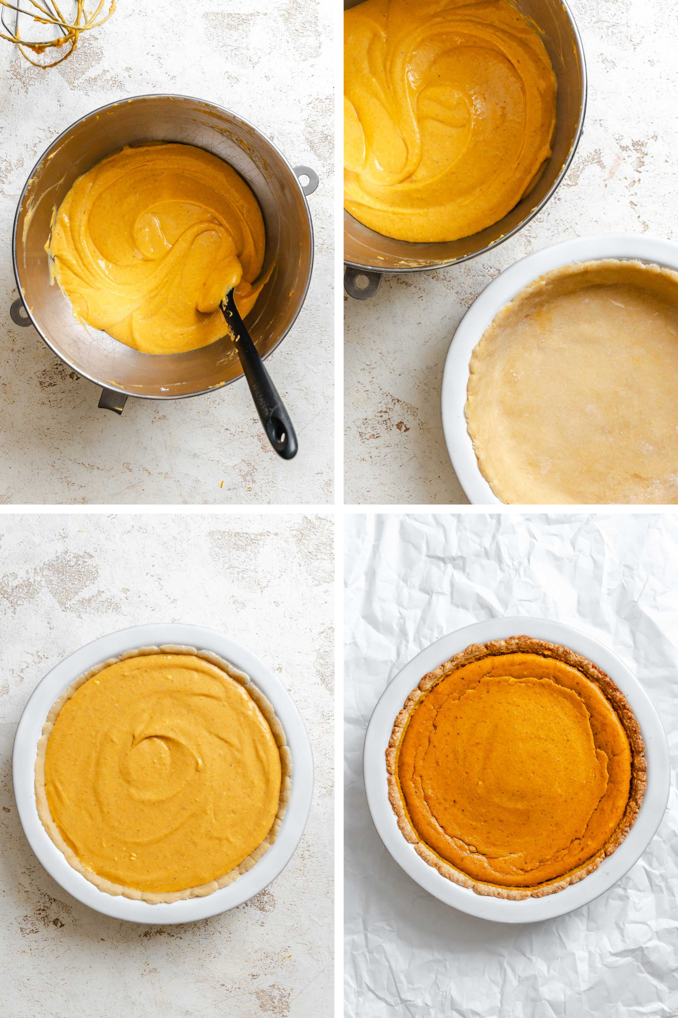 Series of photos showing pumpkin ricotta filling being spooned into the crust and the pie before and after baking, golden and set.