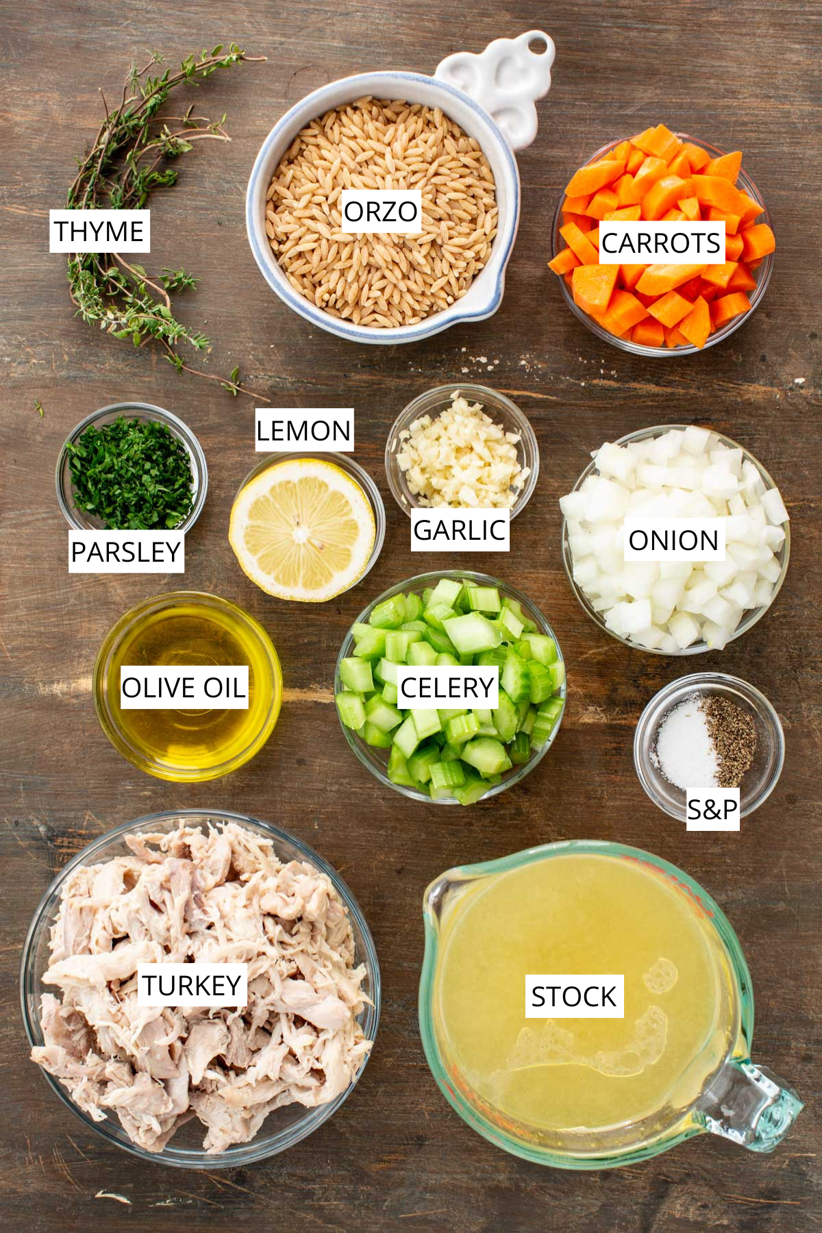 A top-down view of all the ingredients for turkey orzo soup arranged on a wooden surface, each labeled, including orzo, carrots, onion, celery, garlic, parsley, lemon, olive oil, turkey, stock and thyme.