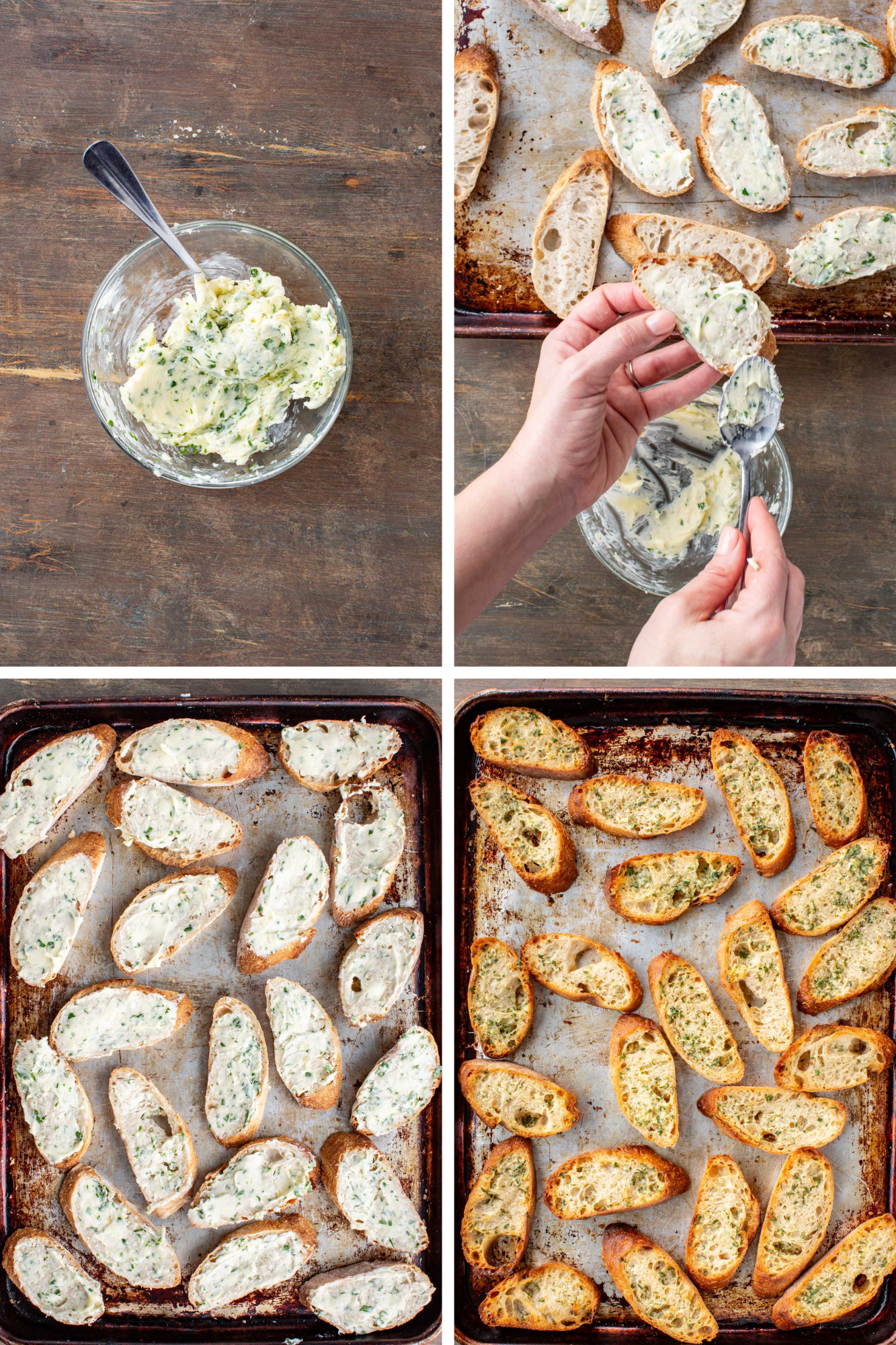 A four panel collage showing the process of making garlic herb crostini. The first panel shows a bowl of softened butter mixed with parsley and garlic. The second panel shows hands spreading the herb butter onto sliced baguette pieces. The third panel shows a sheet pan filled with the buttered slices before baking. The fourth panel shows the baked crostini, golden and crisp.