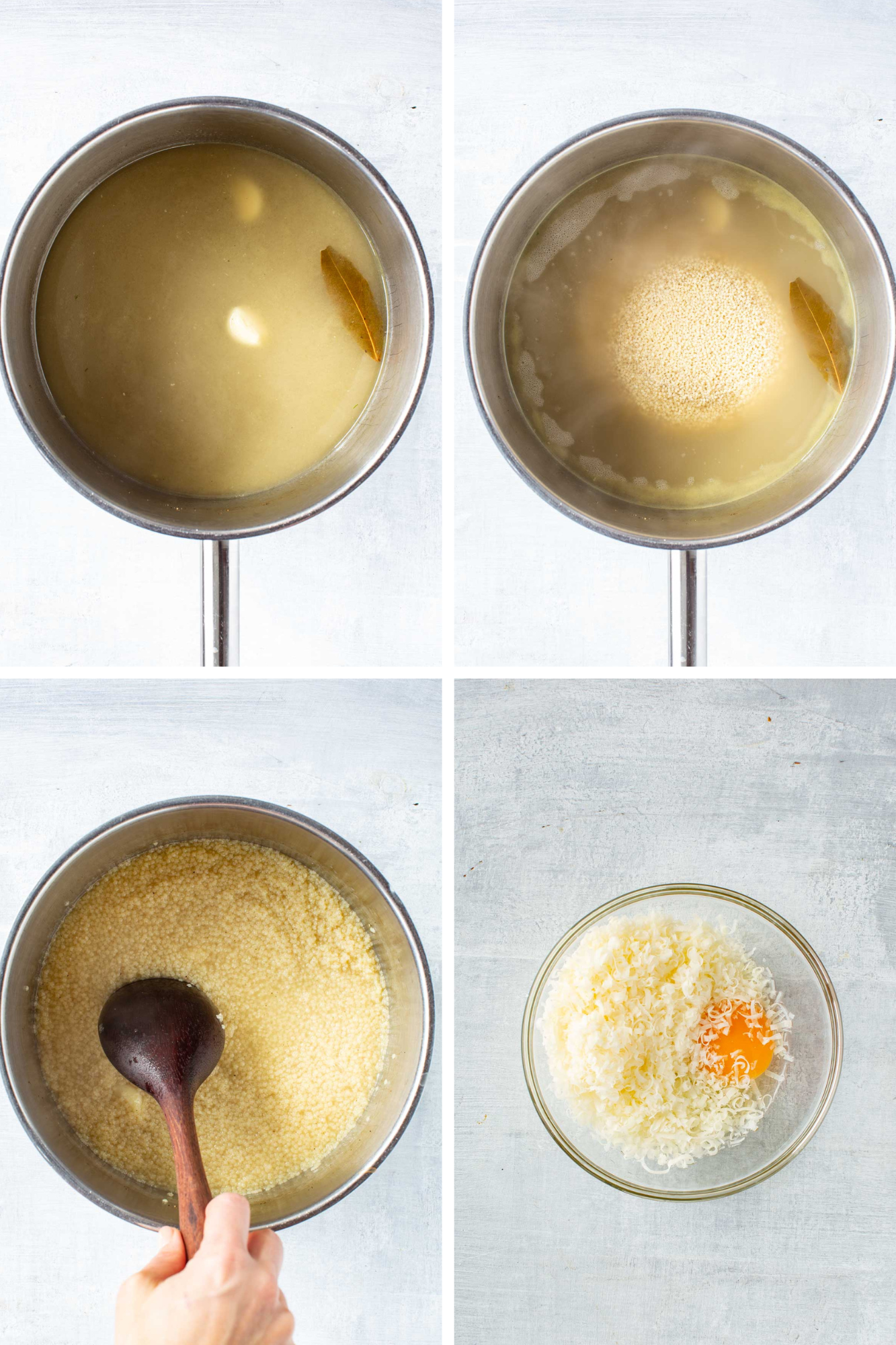 Four images showing the beginning stages of making pastina: stock with garlic and bay leaf in a pot, adding dry pastina to the simmering broth, stirring as the pasta cooks, and a bowl with grated cheese and an egg.