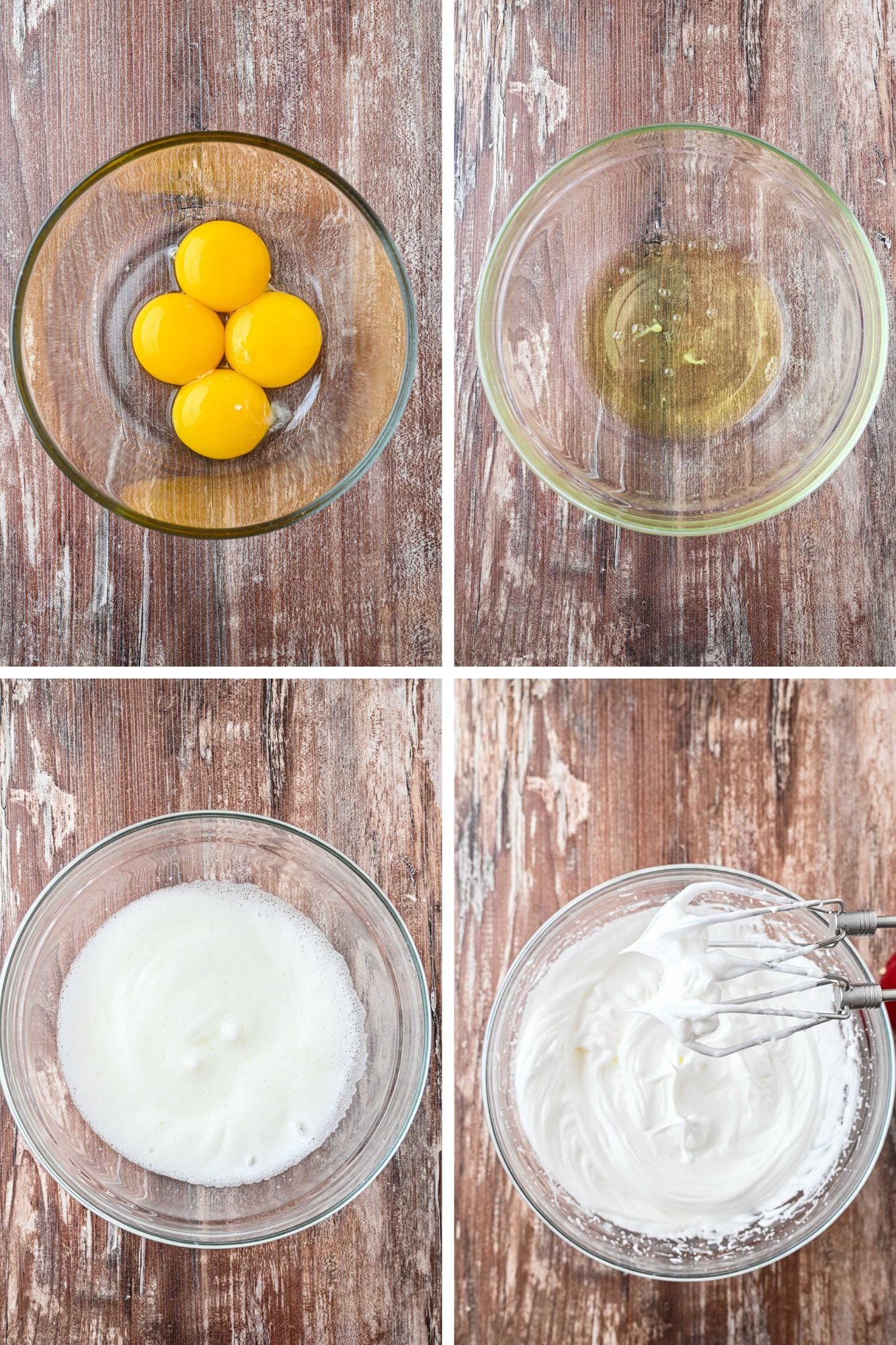 Four egg yolks and four egg whites shown in separate bowls, followed by the whites whipped from frothy to stiff peaks.