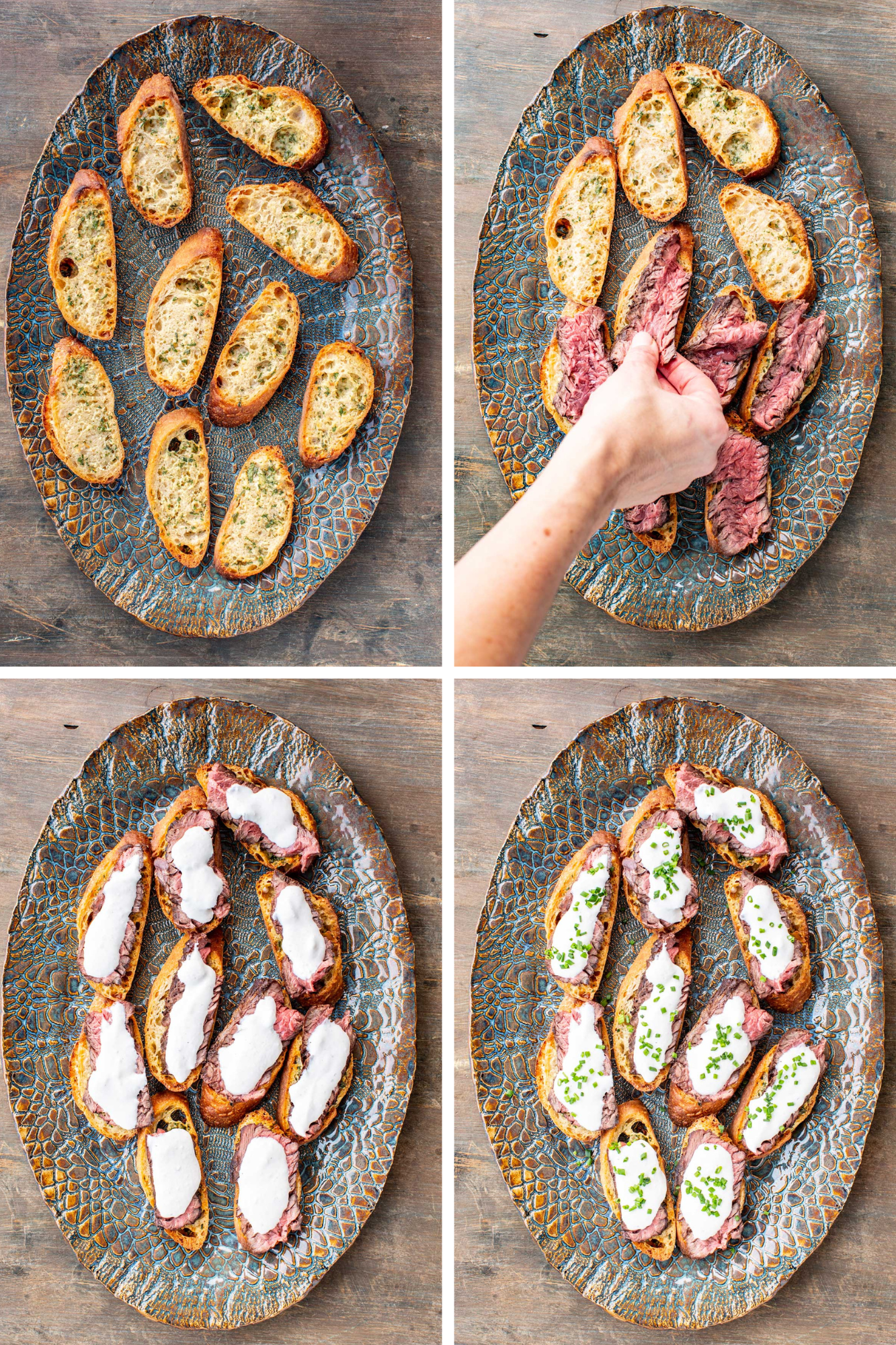 A four panel collage showing how to assemble steak crostini. The first panel shows toasted crostini arranged on a serving platter. The second panel shows a hand placing thin slices of steak onto each crostini. The third panel shows the crostini topped with spoonfuls of creamy horseradish sauce. The fourth panel shows the finished crostini garnished with chopped chives.
