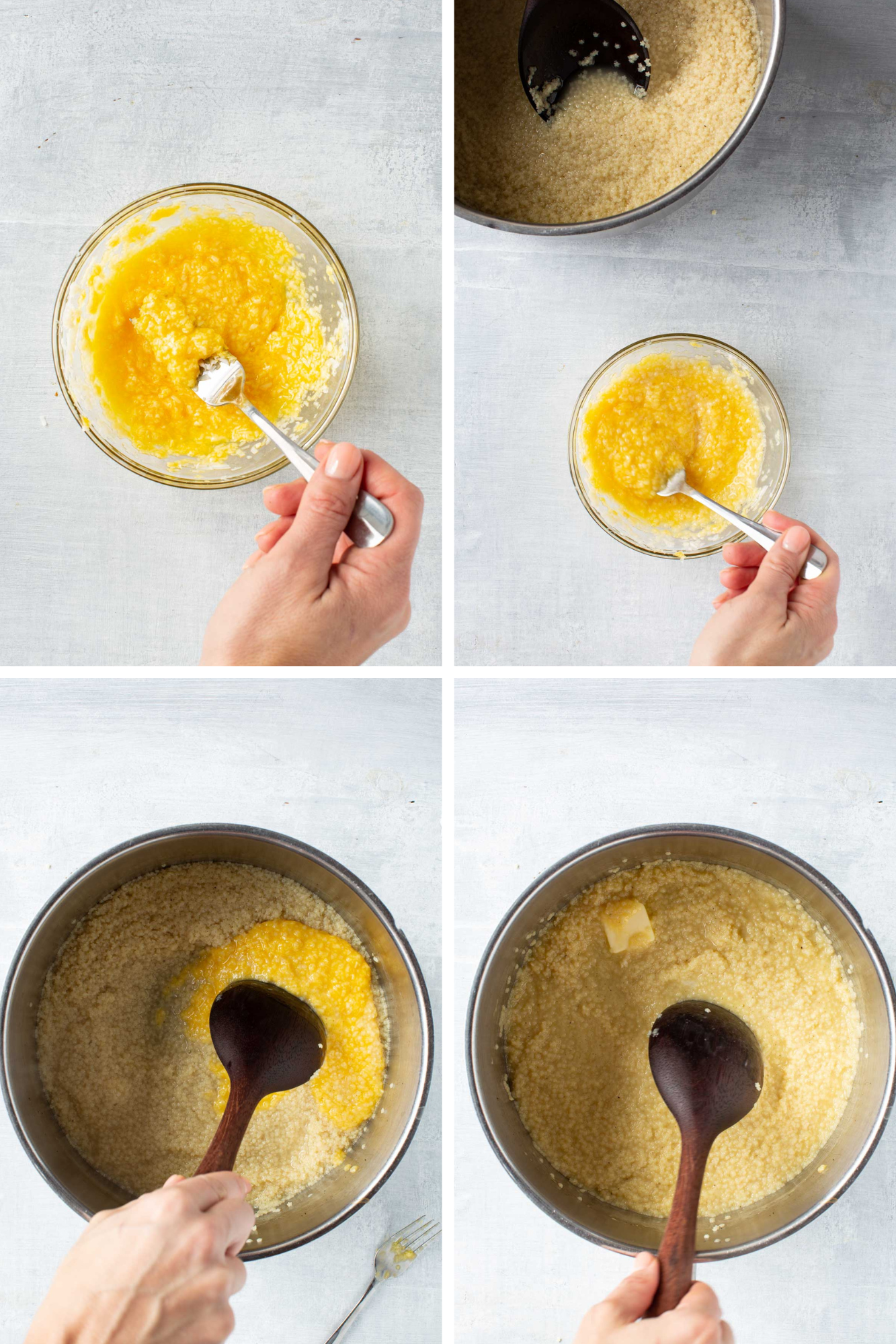 Four images showing the tempered egg mixture being poured into the pot of cooked pastina, followed by stirring in butter until fully combined.