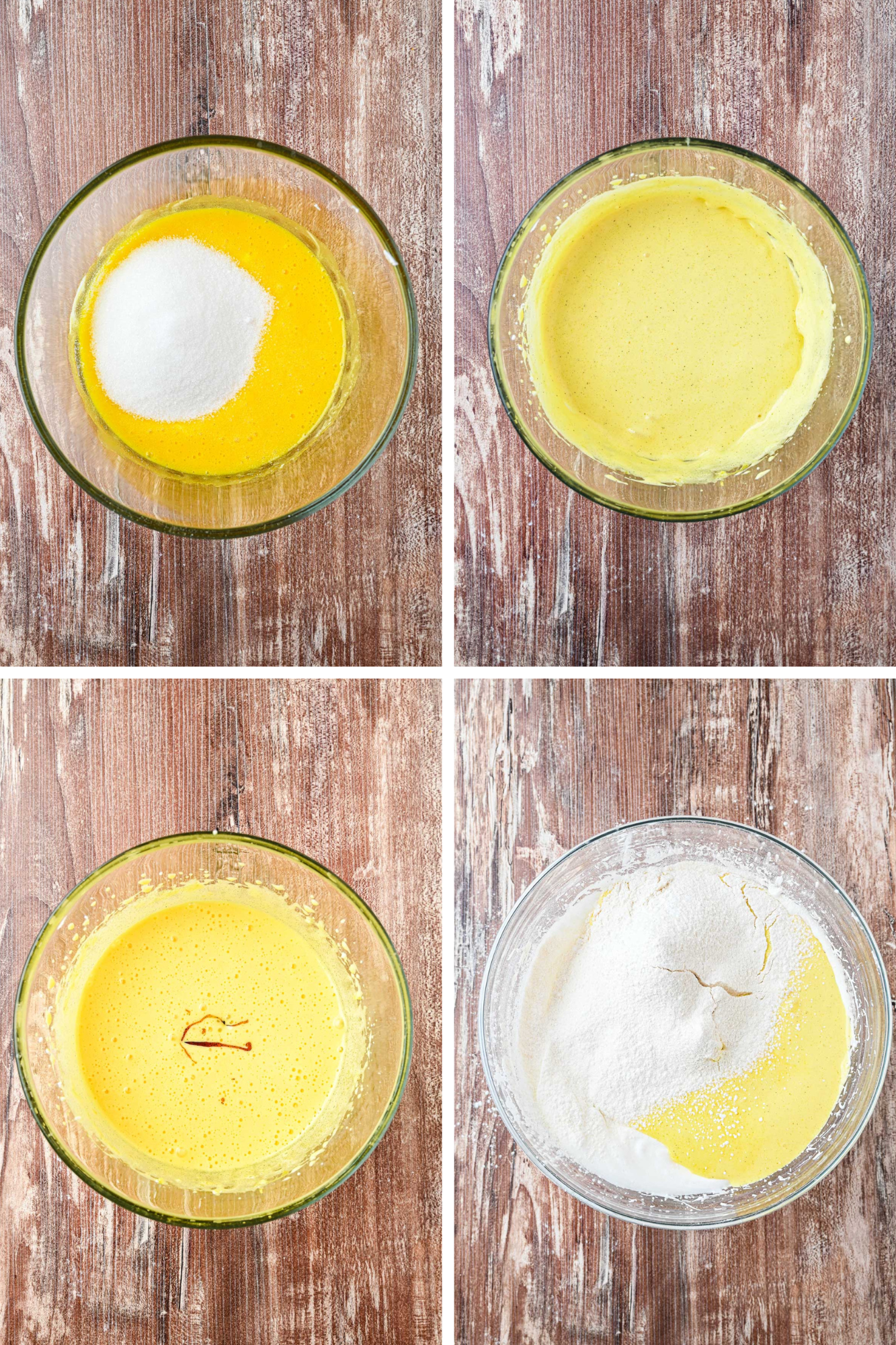 Egg yolks blended with sugar until pale and thick, then flavored with vanilla and topped with sifted flour and cornstarch.