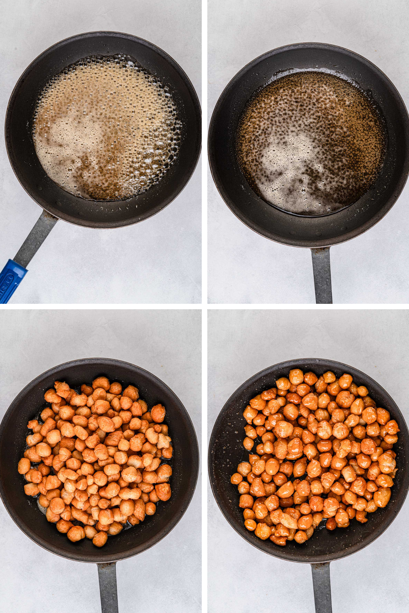 Four step collage showing honey and sugar bubbling in a pan, the syrup thickening slightly and the fried dough balls being tossed in the warm syrup.