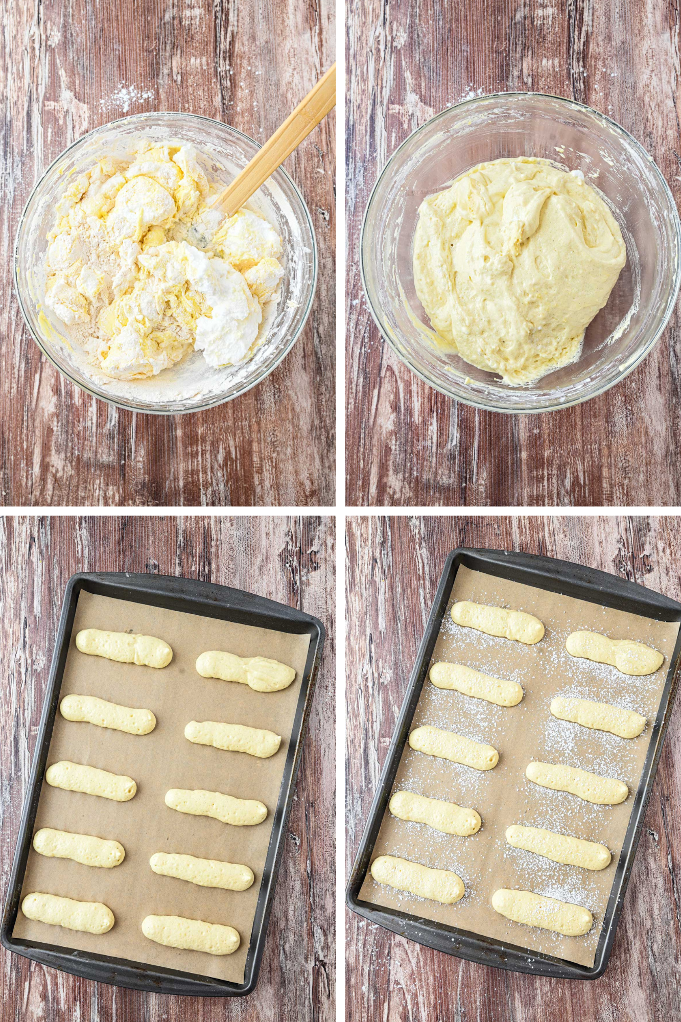 The batter being gently folded until smooth, then piped into finger shapes on a parchment lined baking sheet and dusted with powdered sugar.