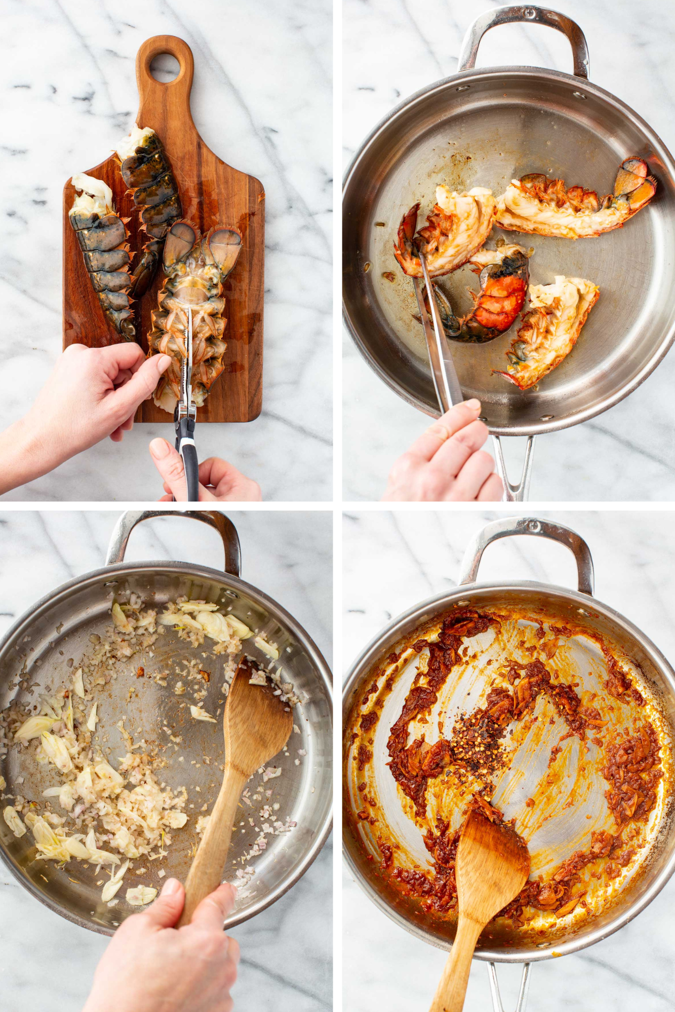 Four step process showing lobster tails being split on a cutting board, lobster shells browning in a pan, chopped shallots and garlic sautéing, and tomato paste cooking down with chili flakes.