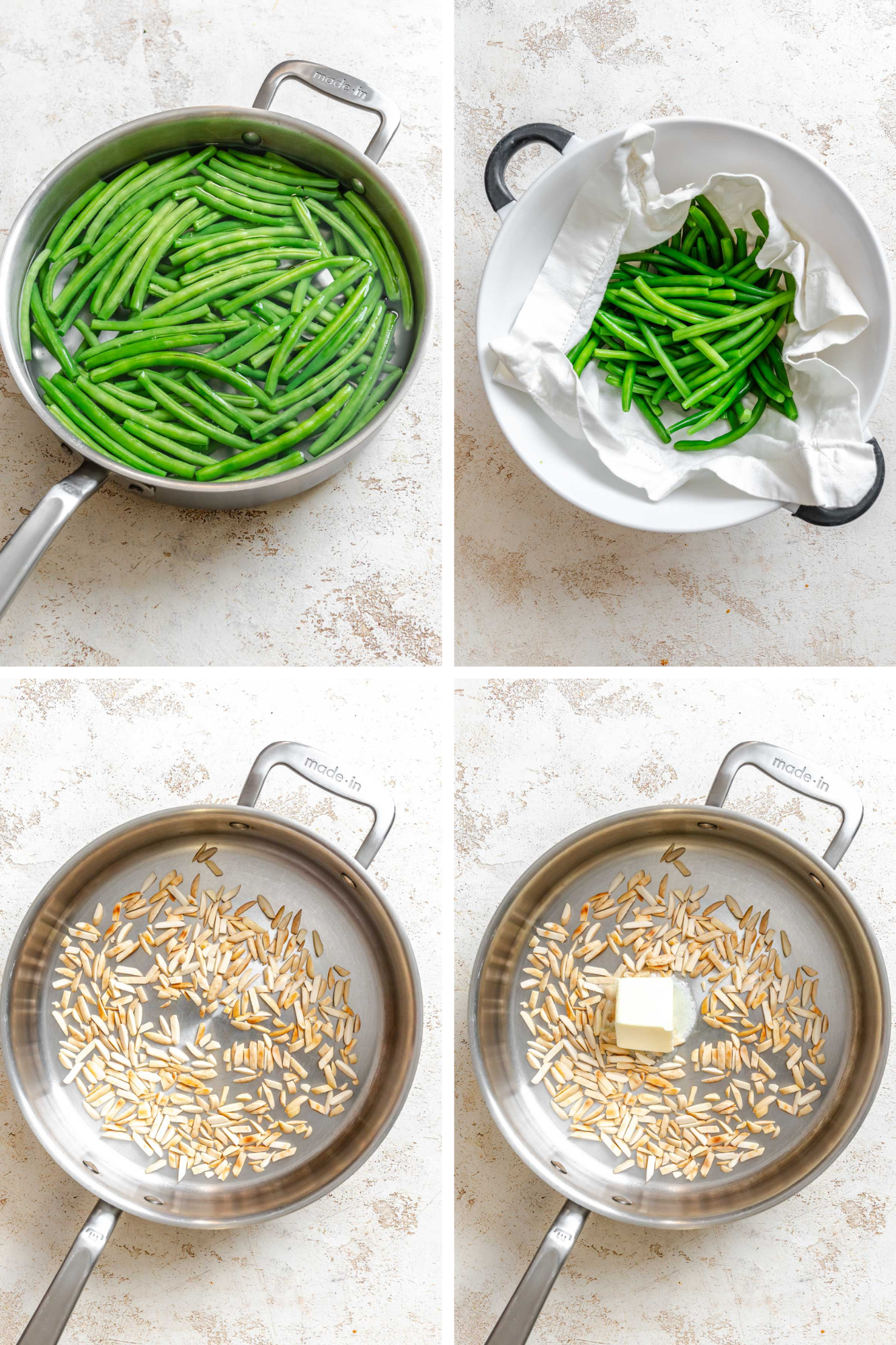 Four step process showing green beans blanching in boiling water, draining in a colander lined with a towel, toasted almonds in a skillet, and butter added to the almonds.