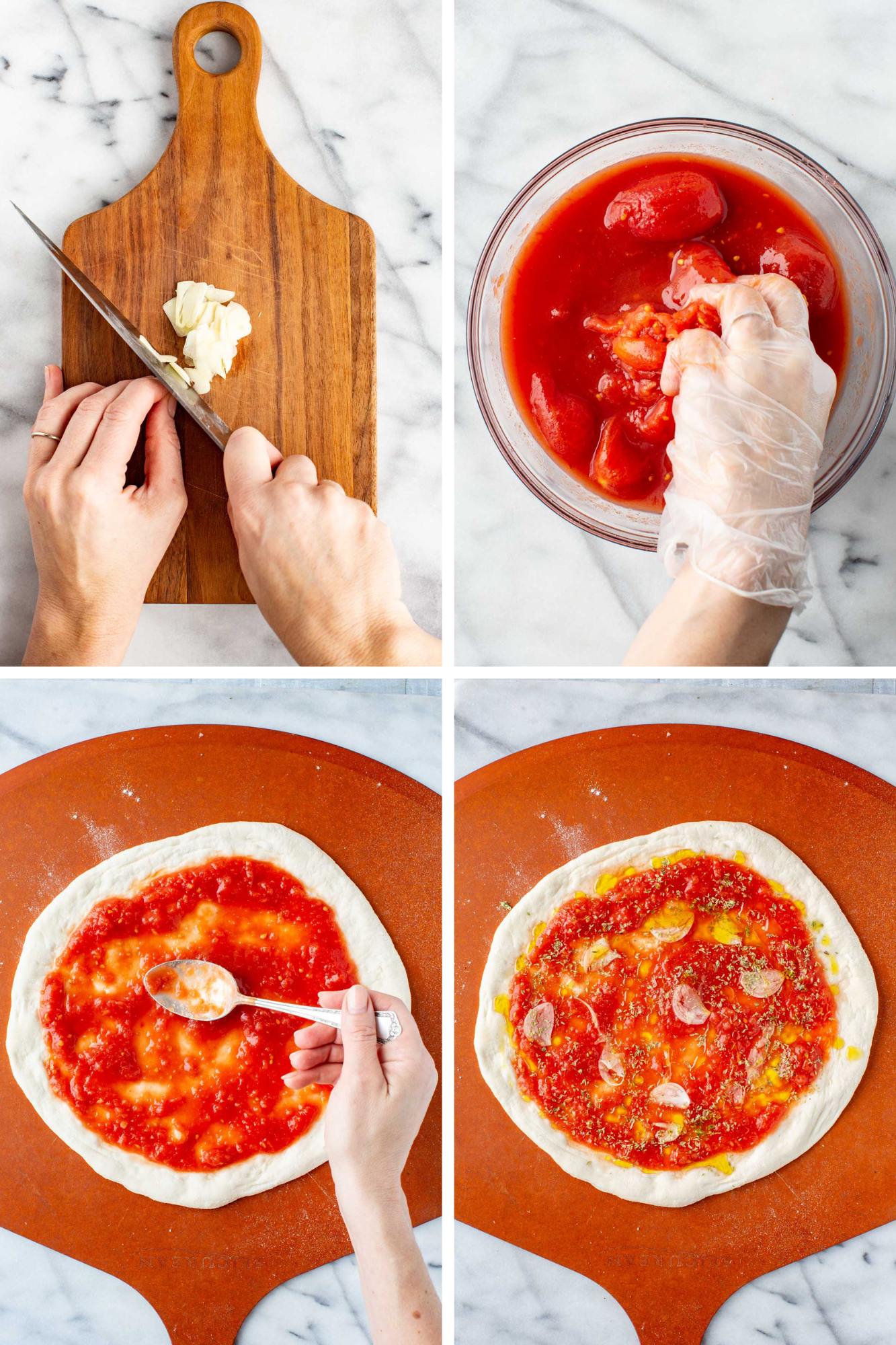 Step-by-step collage showing garlic being sliced, tomatoes crushed by hand, sauce spread on dough and pizza topped with garlic and oregano.