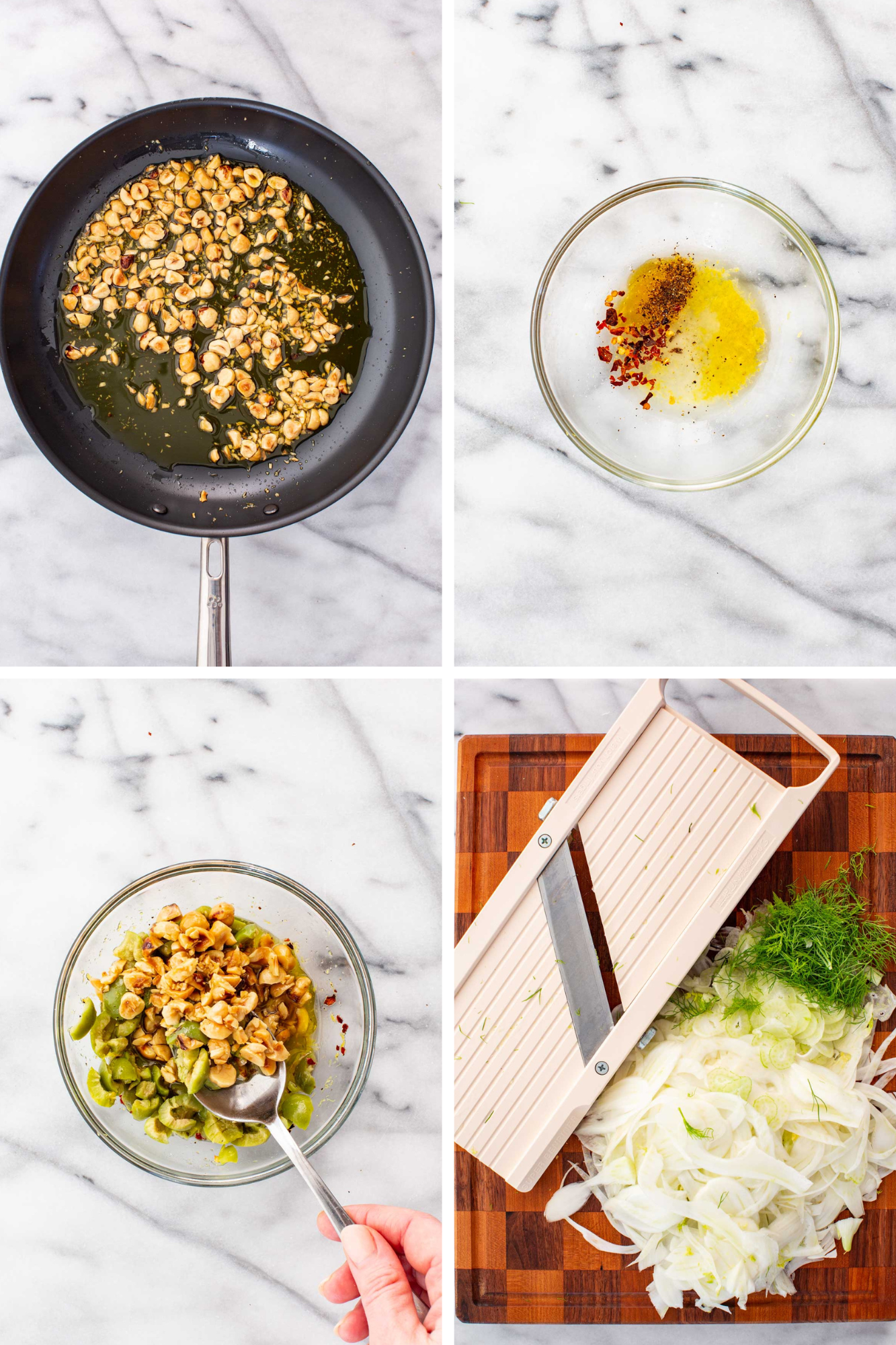 Four step overhead collage showing toasted hazelnuts, salad dressing, marinated olives and hazelnuts, and fennel shaved with a mandoline.