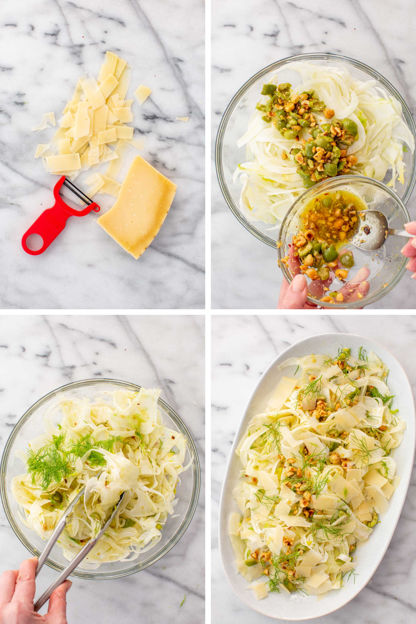Four step overhead collage showing parmesan cheese shaved with a vegetable peeler, salad in a bowl mixed with dressing and toppings, and sitting in a serving plate.