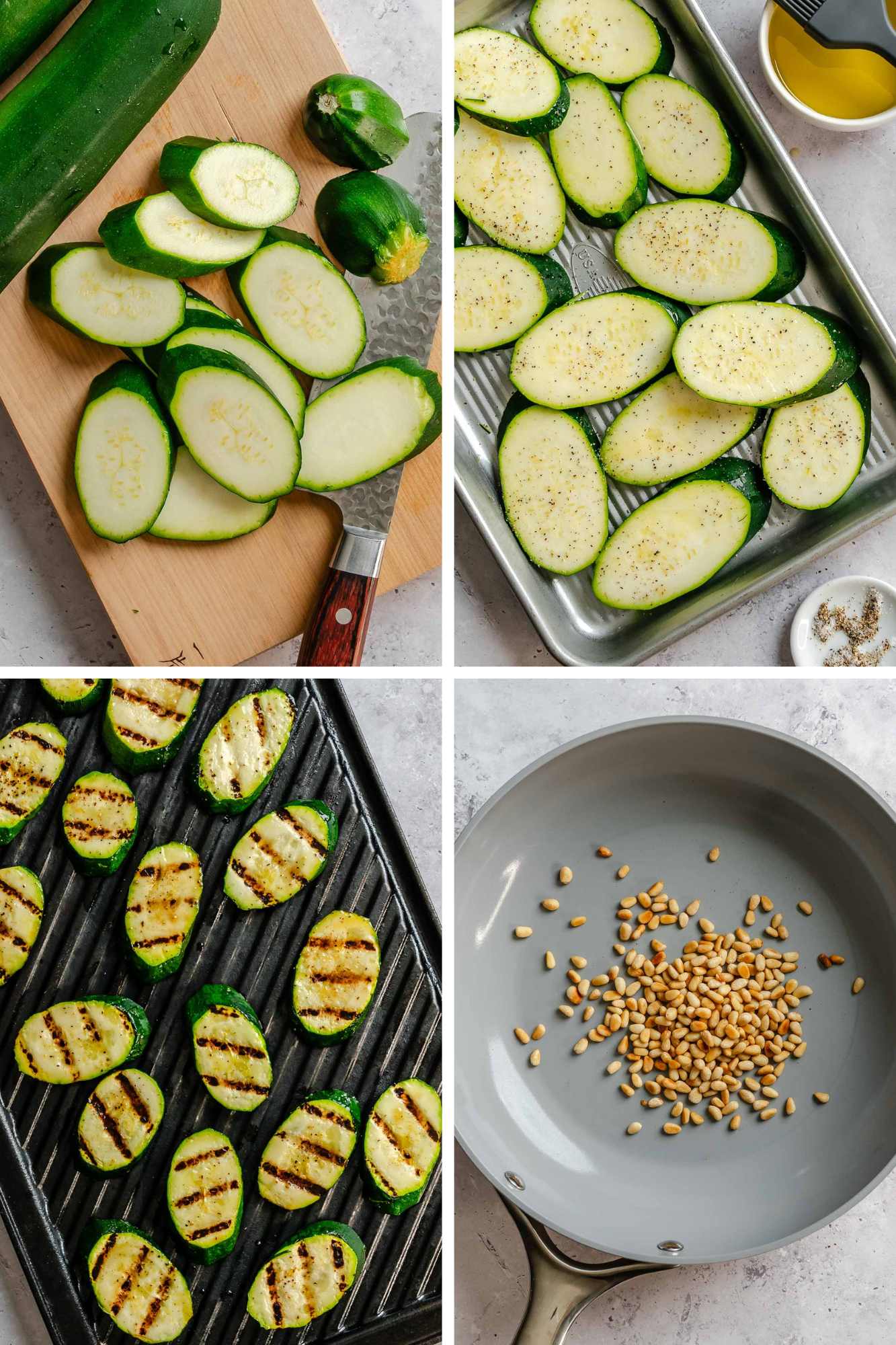 A four-panel step-by-step process collage showing how to make grilled zucchini: zucchini sliced on a cutting board, rounds arranged on a sheet pan brushed with olive oil and seasoned, rounds cooking on a grill pan with charred grill marks, and pine nuts toasting in a skillet.