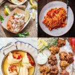 Four photos of the best lobster recipes including lobster rolls, lobster fra diavolo, butter poached lobster, and lobster corn fritters.