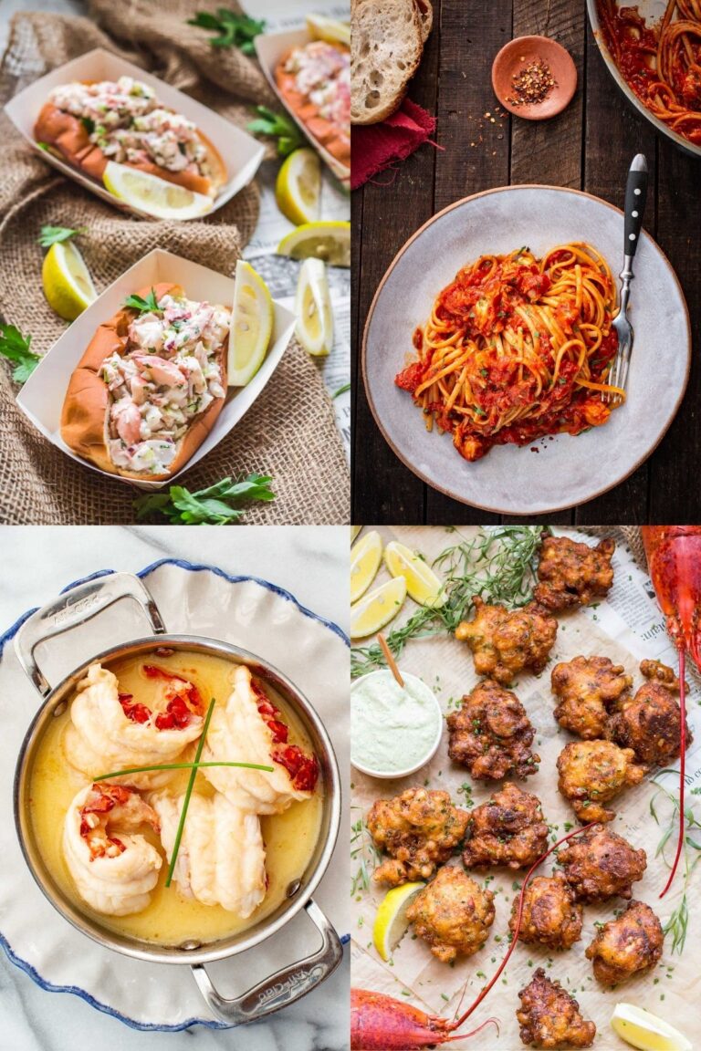Four photos of the best lobster recipes including lobster rolls, lobster fra diavolo, butter poached lobster, and lobster corn fritters.