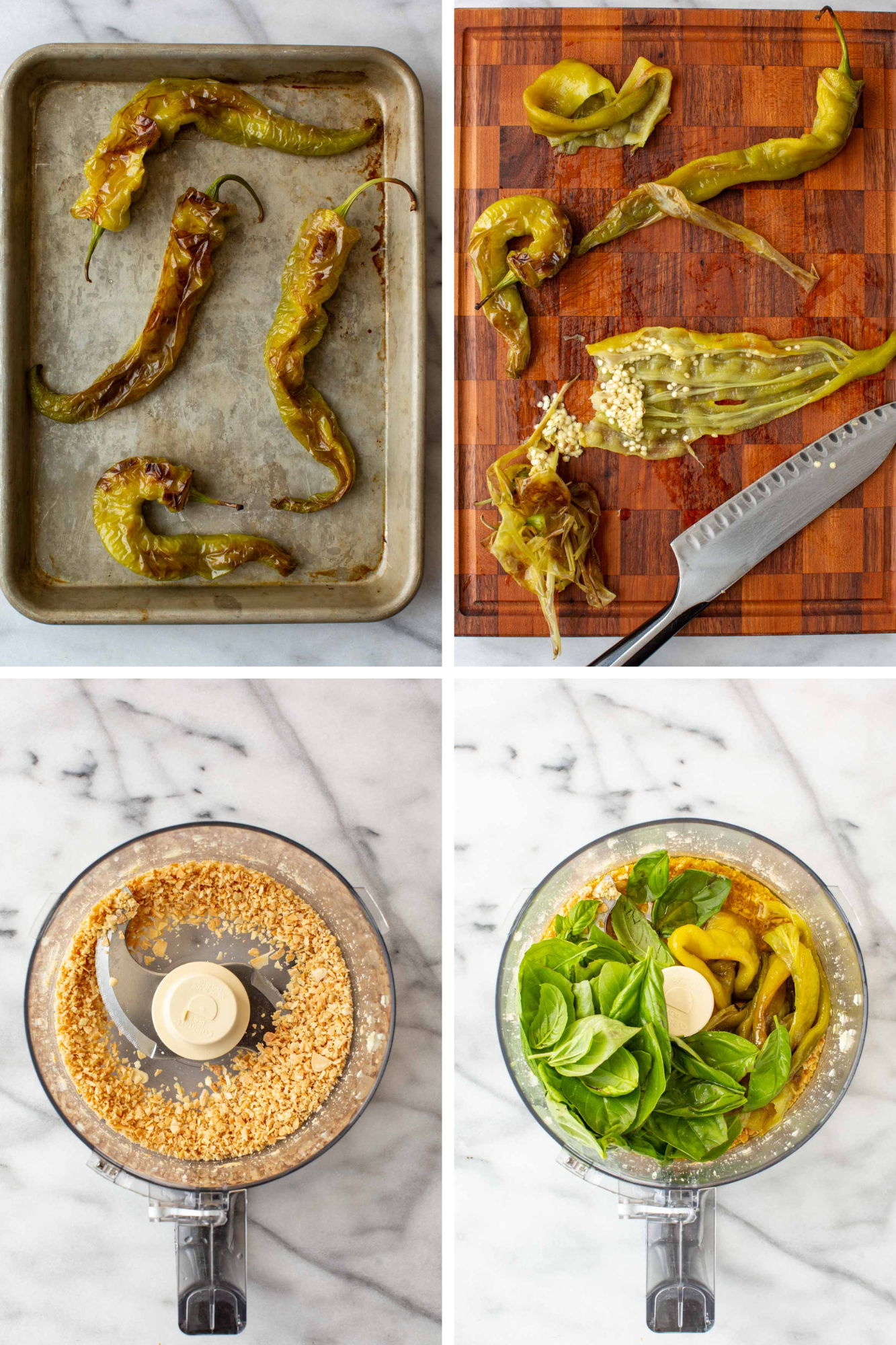 Four-image collage showing the steps to make long hot pepper pesto: roasted long hot peppers on a baking sheet, the roasted peppers being seeded and stemmed on a cutting board, toasted almonds in a food processor, and basil, garlic, and roasted peppers added to the food processor.