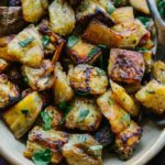 Golden brown roasted eggplant pieces garnished with parsley, serving spoon resting on platter.